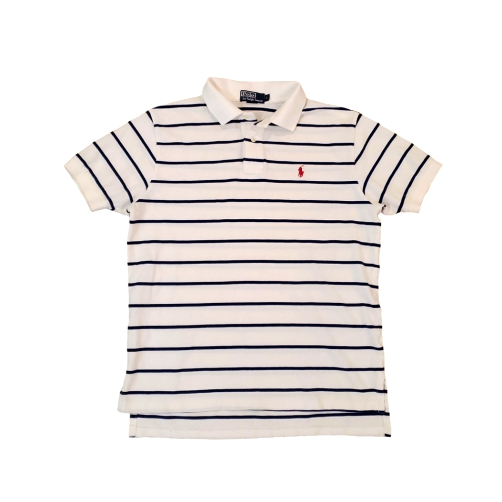 Polo Ralph Lauren Men's White‎ Navy Stripe Short Sleeve Shirt Large